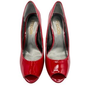 Moda Spana Peep Toe Pumps Womens 7M Red Good Patent Leather Cone Heel